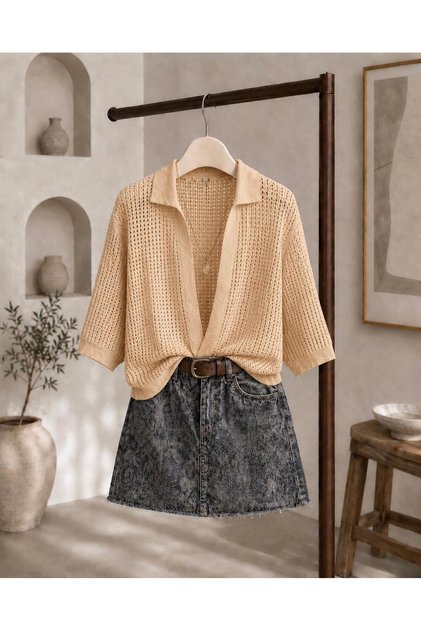 Women's Perforated Open Front Capri Sleeve Comfortable Fit Cardigan