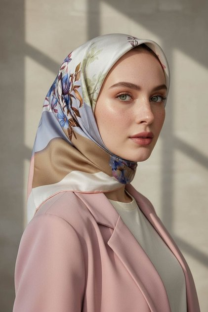100% Twill Silk Checkered and Crispy Floral Patterned Powder - Baby Blue Colored 90X90 Scarf Design Shape: E