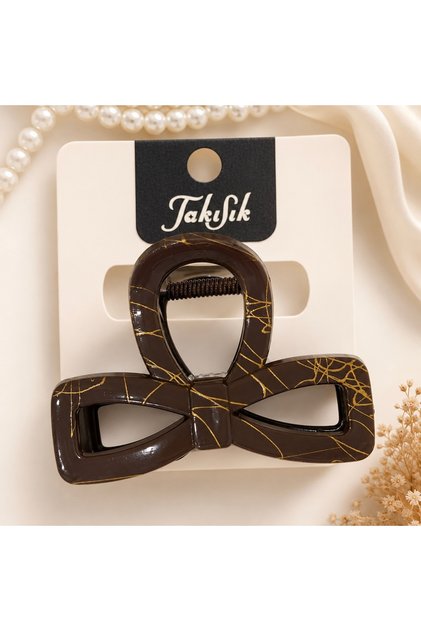 Kahve Gold Çizgili Fiyonk Tasarımlı Mandal Saç Tokası