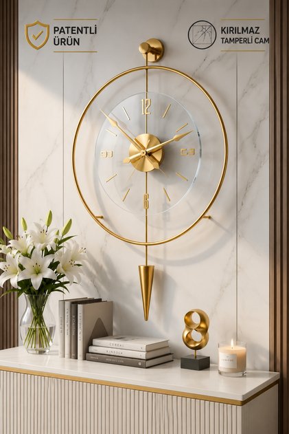(50 x 90 cm) Gold LUXPEN -Exclusive- Quartz Teknoloji - ŞEFFAF CAM - Metal Duvar Saati