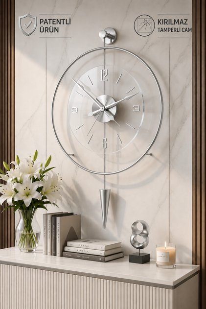 (50 x 90 cm) GÜMÜŞ LUXPEN - Quartz Mekanizma - Metal Mobilya Duvar Saati