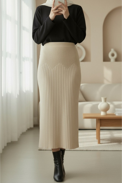 Fusta din tricot plisat cu talie elastică - Crem