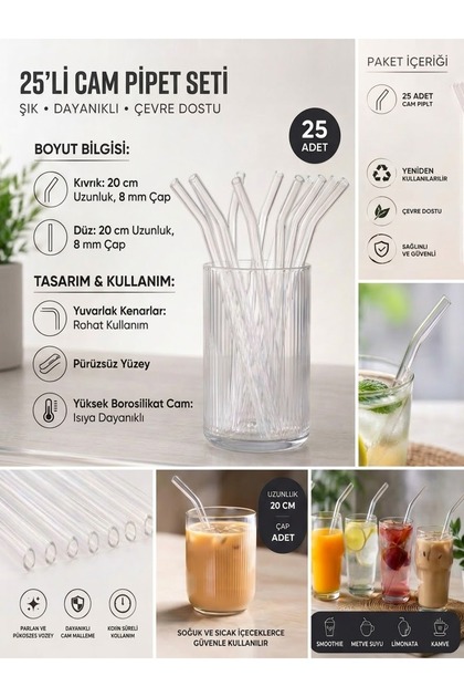 Set of 25 Glass Straws 20 cm - Heat Resistant Reusable Transparent Drinking Straws
