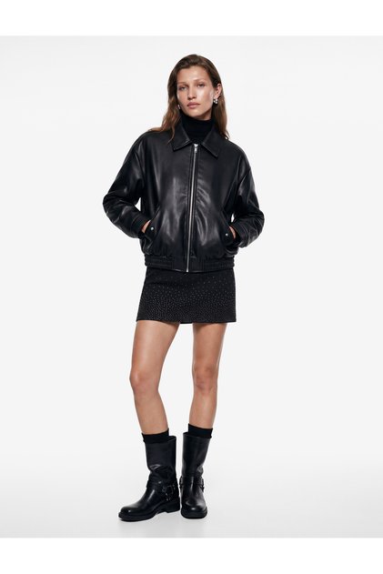 Normal Waist Crepe Scuba Fabric Stoned Mini Skirt