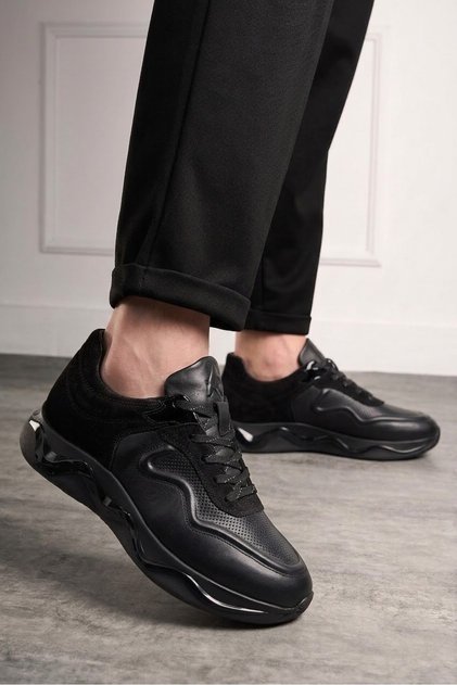 Casual Men's Black Shoes Genuine Leather Lace-Up High Sole Suede Detail Ankle Support Sneaker 720