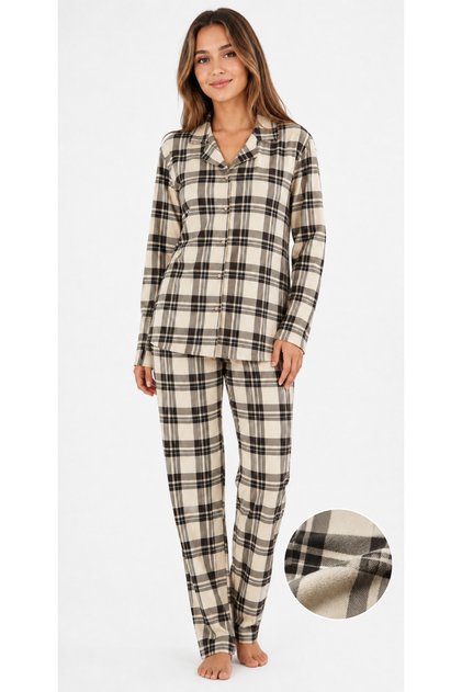 Kadın Mevsimlik Süet Uzun Kol Ekose Desen Krem Pijama Takımı