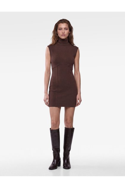 Slim Fit Sleeveless High Neck Mini Dress with Stitching Detail and Zipper Detail