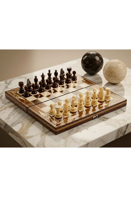 Set Șah și Table ROmde™, Lemn de Fag, Pliabil, Lucrat Manual în România, 32 × 32 cm, Maro/Alb