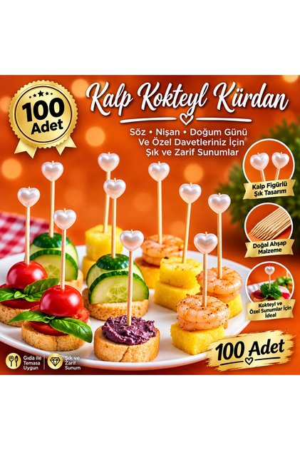 100 Adet Kalpli Kokteyl Kürdan Söz Nişan Doğum günü
