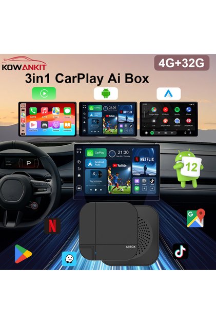 صندوق كوانكيت الذكي اللاسلكي 4+32 جيجابايت بتقنية الذكاء الاصطناعي، يعمل بتقنية 4G-32G، محول أندرويد أوتو 3 في 1، سهل التركيب والتشغيل.