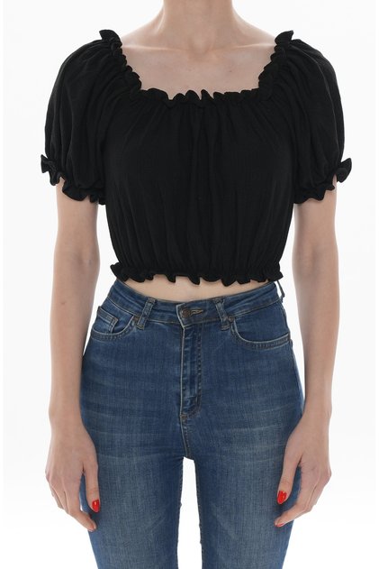 Kadın Beli Büzgülü Bürümcük Crop Düz Renk Siyah