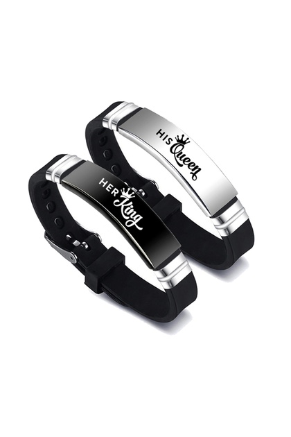 5 2 Pcs/Set His Queen Her King Couple Bracelet Stainless Steel Adjustable Silicone Strap Bangle Vale