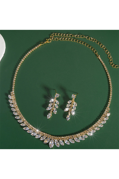 Gold-color 2pcs Bridal European American Rhinestone Droplet Pendant Necklace Earring Set Wedding Dre