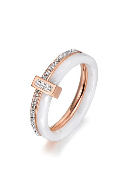 6 R18054R-White JeeMango 2 Layers Black/White Ceramic Crystal Wedding Rings Rose Gold Color Stainles
