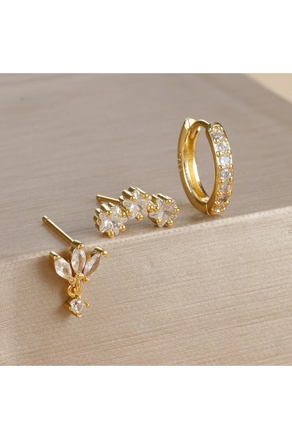 Gold-3pcs 3PCS Stainless Steel Huggies Star Hoop Earrings Set for Women Trendy Zircon Pendant Gold C