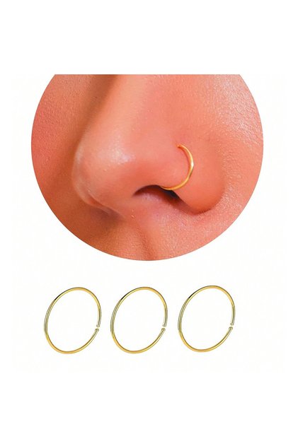 3Pcs Gold Color 3Pcs 14K Gold Plated Nose Rings Hoops for Women/Men, 22 Gauge 8mm Small Thin Nose Pi