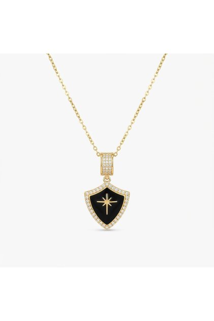 Non-Tarnish Steel Zircon Stone Black Enamel Knight Polar Star Necklace - Gift Boxed
