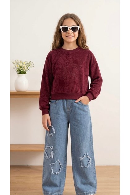 Girl's Burgundy Sweatshirt and Wide-Leg Jeans Set – Casual Comfortable Stylish Model (6-10 Years)