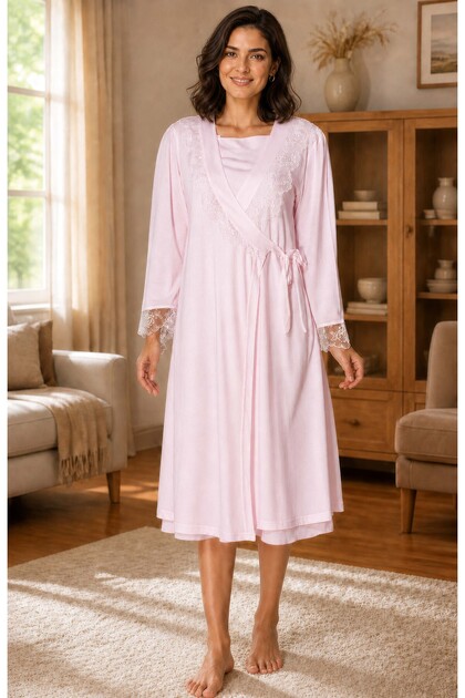 Elegant Lace Detailed Maternity and Pregnancy Dressing Gown Effortt - Pink