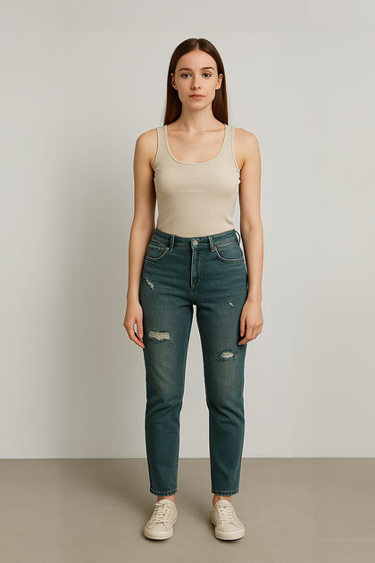 Women's Ripped Detailed Lycra Jean Trousers Khaki High Waist Straight Leg