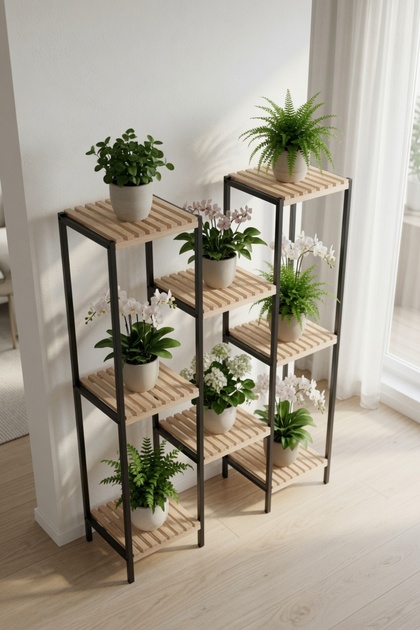Çiçeklik 3LÜSET Çok Amaçlı Metal Gövde Ahşap Raf 8RAF Bitki Standı Paslanmaz Balkon Salon Organizer
