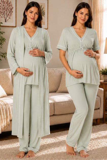 Cotton Dressing Gown Maternity Nursing Pajama Set with Adjustable Elastic Waist Effortt - Green
