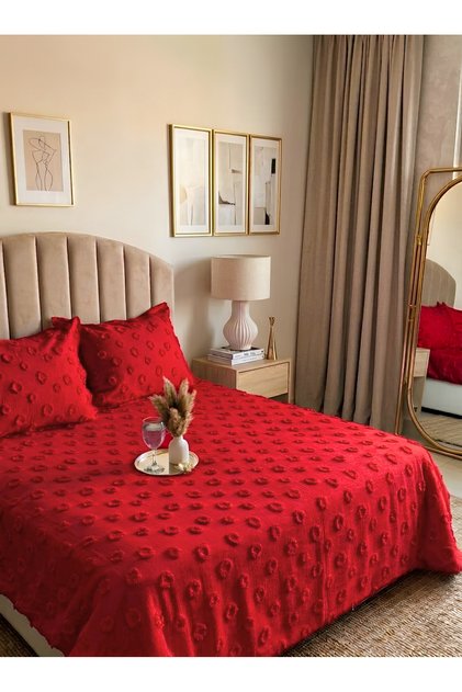 Pompom Patterned 3 Piece Double Bedspread Red