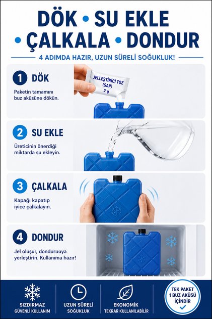 5 Adet Buz Aküsü + 5 Adet Jel Tozu /Dök-Su Doldur-Çalkala-Dondur / Jelli Buz Aküsü