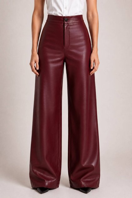 Bordo Bol Paça/Wide Leg Suni Deri Pantolon