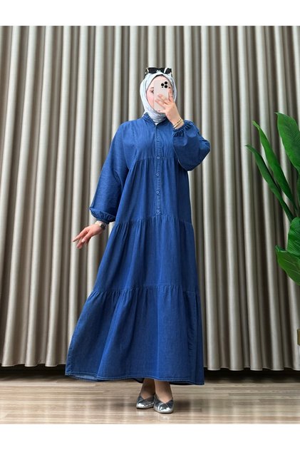 Vera Dress Denim Fabric Women's Dark Blue Collar Openable Buttoned Flounce Cut Hijab Dress
