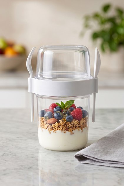 Ready to Go Diet and Yogurt Container with Lid, Spoon and Fork, Food Storage Container, White, 650 ml