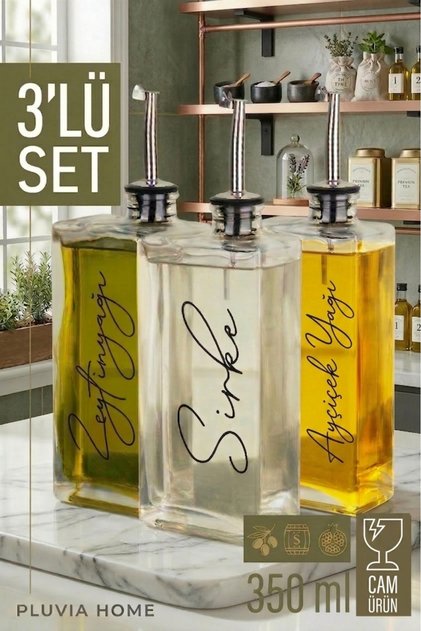 3'lü Cam Yağlık Sirkelik Seti 350 ml Paslanmaz Kapaklı Sızdırmaz Zeytinyağı Şişesi (3 adet 350 ml)
