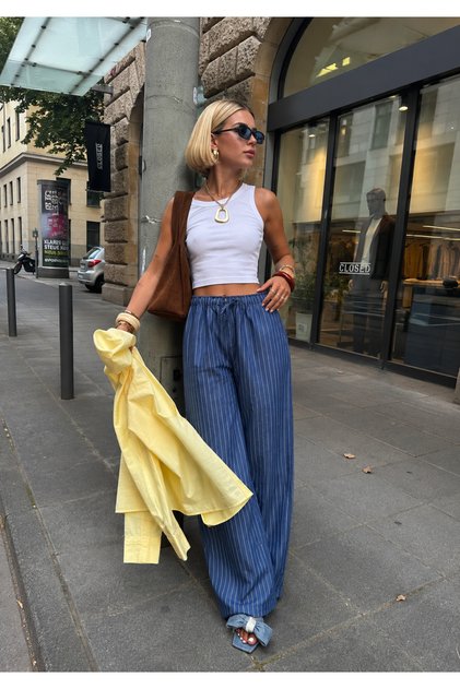 Women's Striped Elastic Waist Summer Viscose Trousers Dark Blue