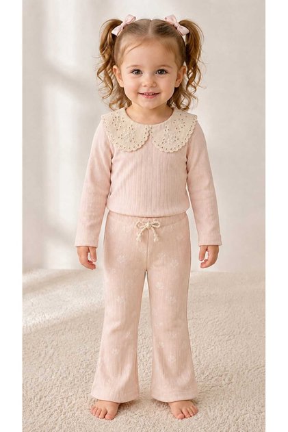 Baby Girl 100% Cotton Powder Jacquard 2-Piece Set Scallop Collar Blouse Spanish Flare Pants