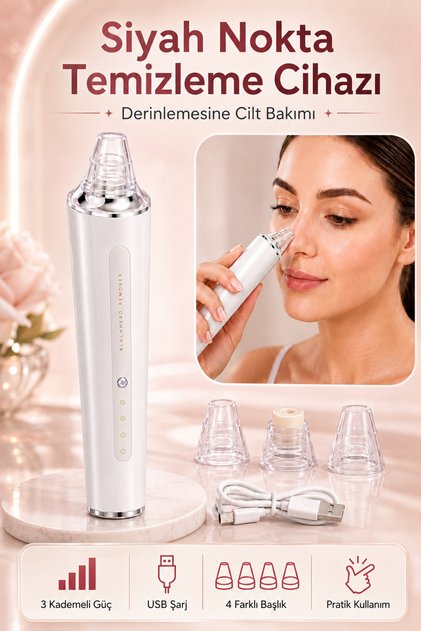 3 Kademeli 4 Başlıklı USB Şarjlı Vakumlu Siyah Nokta Temizleme Cihazı