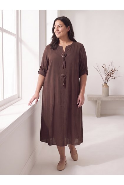 Women's Plus Size Midi Dress Loose Viscose Adjustable Sleeve Coffee