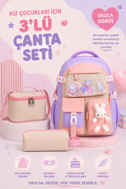 Girl's School Backpack Pen Holder Set with Rabbit Figure and Multiple Compartments - Purple