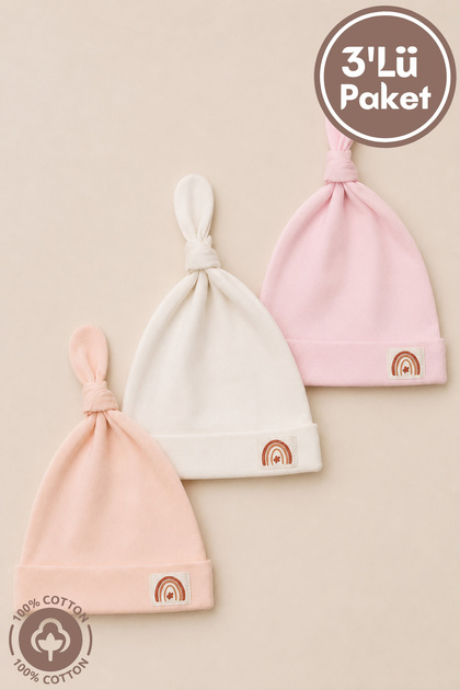 Unisex Baby Crest Detailed Laced Combed Organic Cotton Newborn 3-Piece Baby Beanie Set