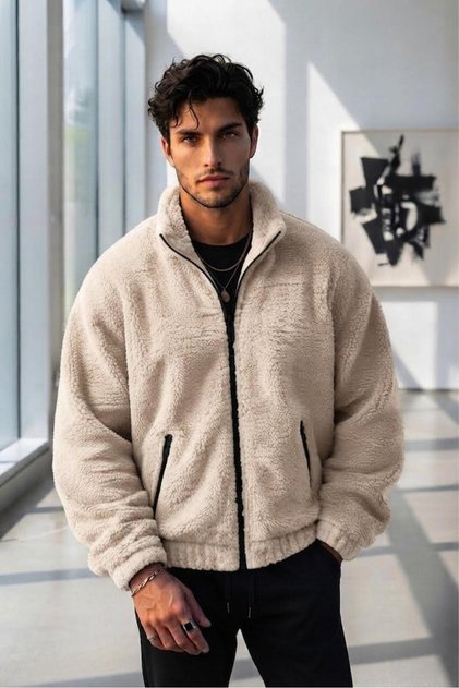Men's Light Beige Oversized Zippered Plush Coat