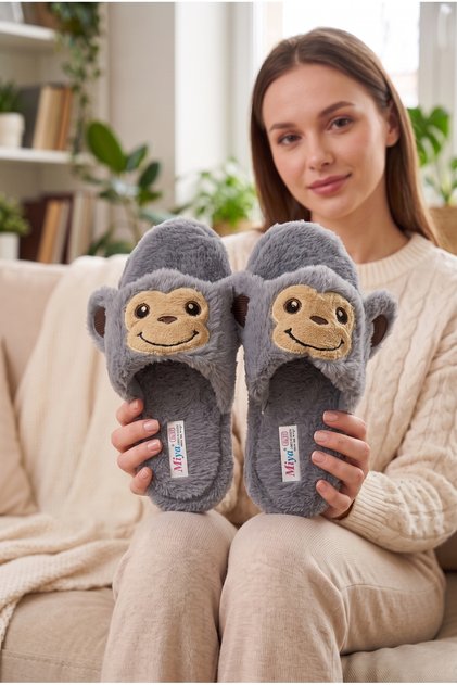 Women's Plush House Slippers Cute Monkey Patterned Winter Warm Closed-Toe Soft Sole Slippers