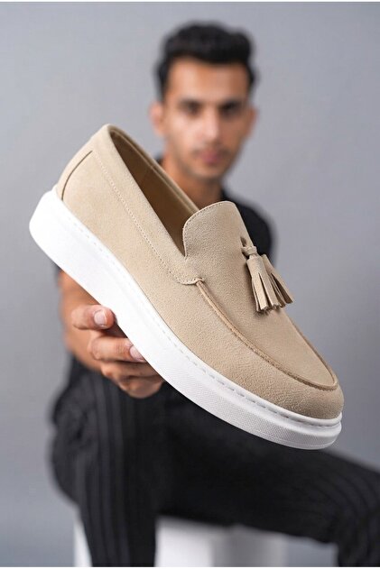 Zrj154 high quality laceless tasseled men's casual loafer - suede cream