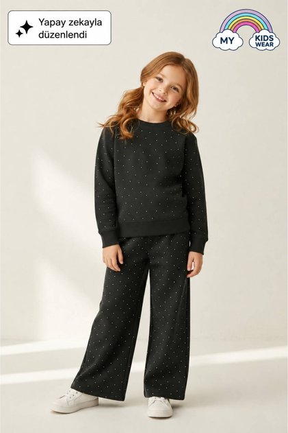 Girl's Stone Detailed Casual Loose Leg 2-Piece Tracksuit Set 9-16 Years Old 12404