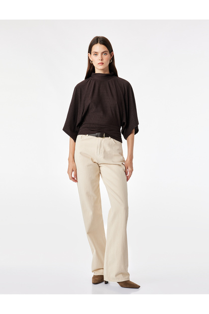 Bürümcük Fabric Stand Collar Wide Bat Sleeve Textured Blouse