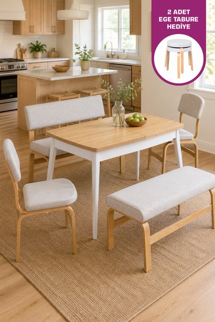 Ege Sandalye-Bank Avanos Ahşap MDF Açılır Mutfak Masası Takımı - 70x120+30 cm