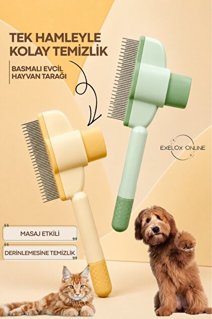Tek Tuşla(MASAJ ETKİLİ) Kolay Temizlenir Basmalı Kedi Köpek Tarağı(sarı renk gönderilecektir)