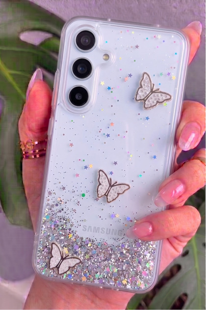 Samsung Galaxy S24 FE Uyumlu Kılıf Kamera Çıkıntılı Simli 3D Kelebek Kabartmalı Desenli Kapak