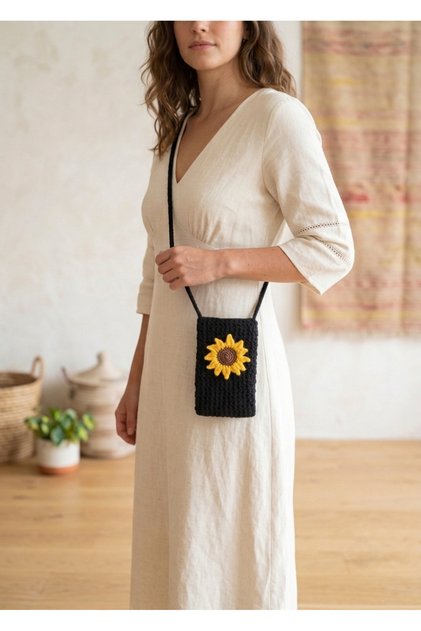 Sunflower Patterned Black Shoulder Bag Crossbody Bag