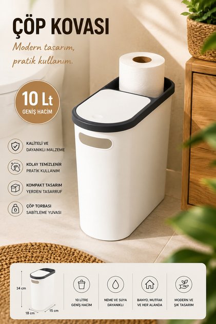 M-325 Çöp Kutusu Banyo Mutfak Çöp Kovası Kapaklı Banyo Çöp Kovası 10 Lt
