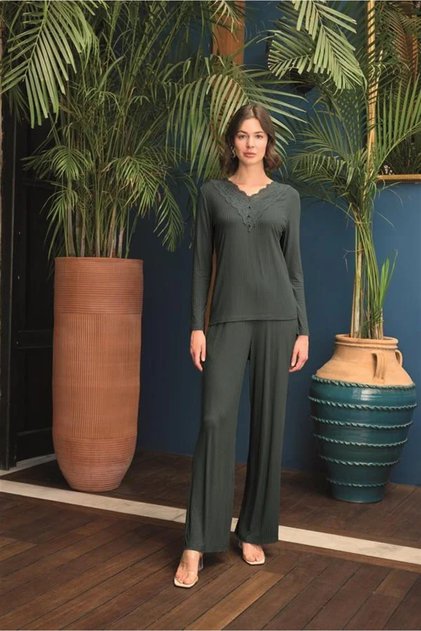 Long Sleeve Button Front V Neck Pajama Set