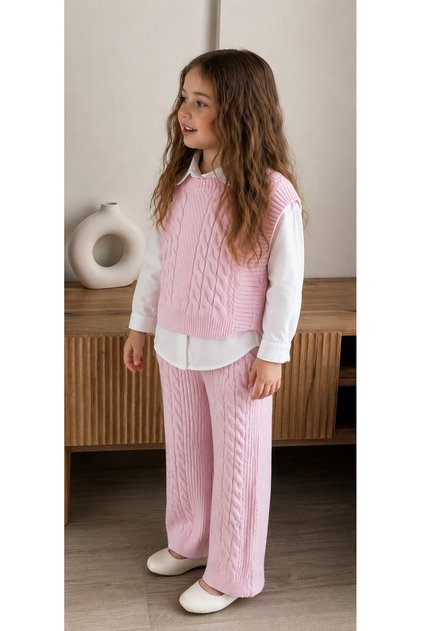 My Little One's 3-Piece Knitwear Set with Ribbed Stripe Detail Shirt and Tie - Pink